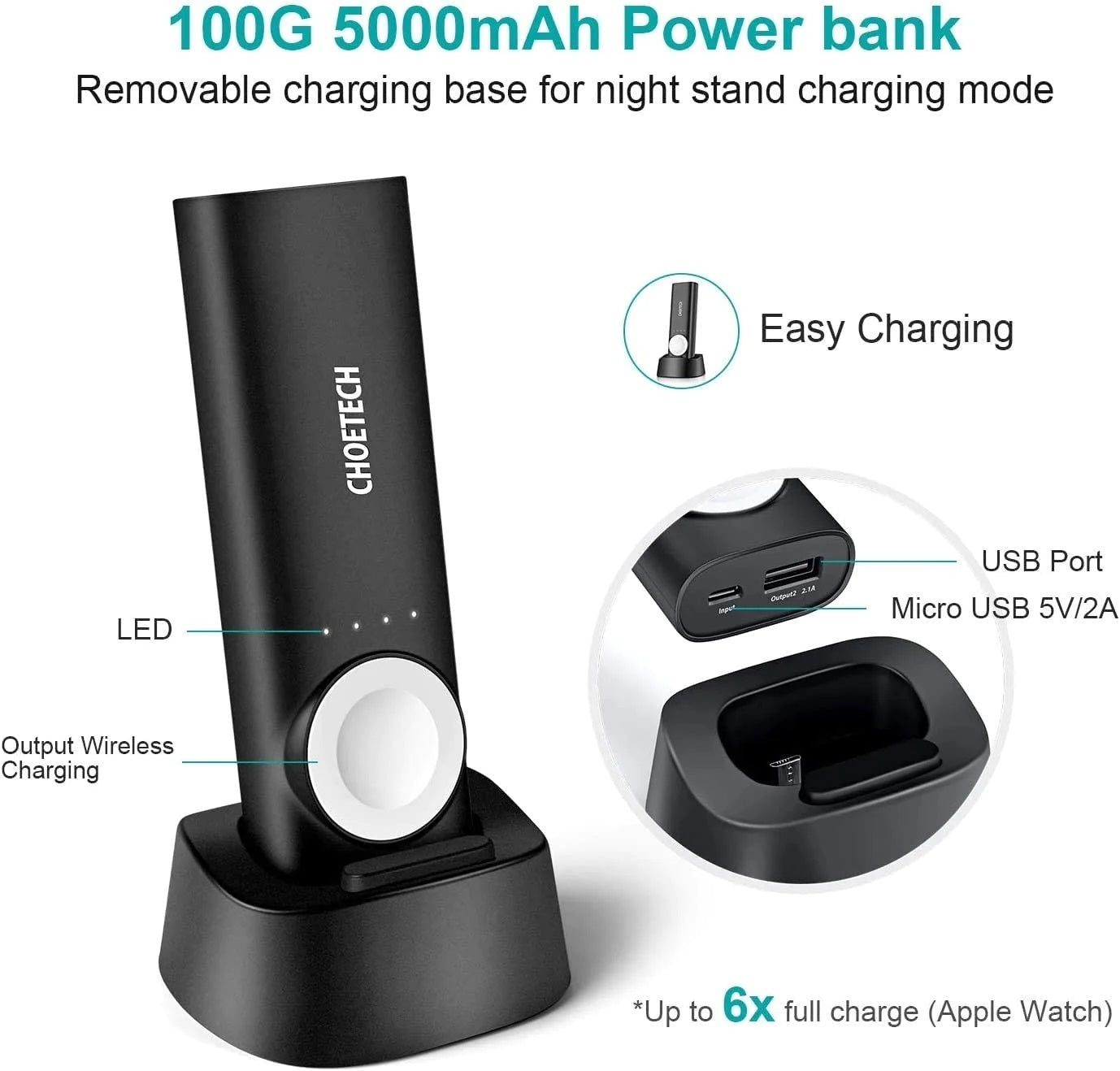 2-in-1 Portable Wireless iWatch Quick Charger 5000mAh Power Bank